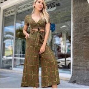 NEW Dressto CALCA ESTAMPA XADREZ OLIVA wide leg,high waist